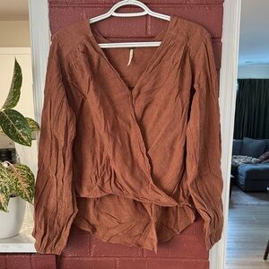 Free People Brown Wrap High-Lo Blouse